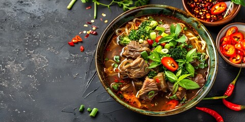 Vietnamese spicy beef noodle soup with vermicelli beef shank and lemongrass. Concept Vietnamese Cuisine, Spicy Beef Noodle Soup, Vermicelli, Beef Shank, Lemongrass