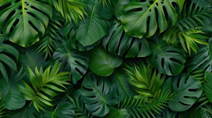 Lush green tropical leaves create a vibrant, dense foliage background, perfect for nature and botanical designs. Fresh, natural, and lively greenery.