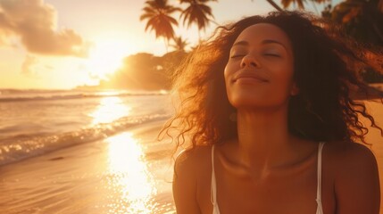 Wall Mural - sunkissed woman with flowing curls embraces the golden hour on a secluded beach her confidence radiating as waves gently lap at her feet palm trees swaying in the background