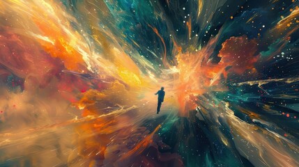 Wall Mural - surreal scene of friends bursting through dimensional portal vibrant energy trails following their j