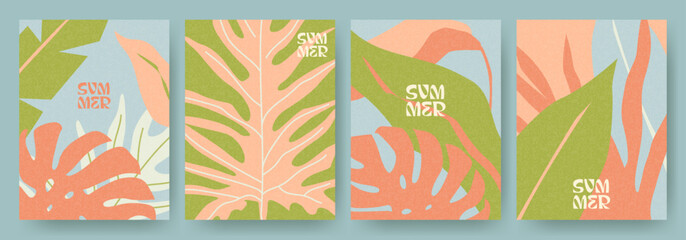 Wall Mural - Creative concept of summer bright cards set with abstract tropical leaves. Modern art minimalist style design templates for celebration, ads, branding, banner, cover, label, poster, sales