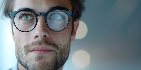 Wall Mural - A man in glasses looks at a whiteboard with lots of writing. Concept The topics for this image could be, Business Strategy, Planning Meeting, Analyzing Data, Decision Making, Brainstorming Ideas