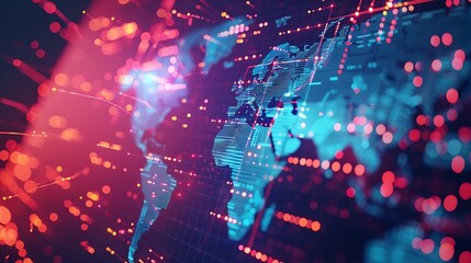 Aufkleber - Digital World Map with Data Connections and Bright Spots