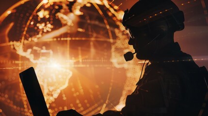 A silhouette of a military man in front of a glowing globe, highlighting the global reach of military operations