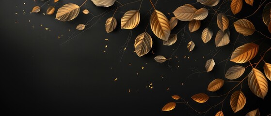 Wall Mural - Golden and black twig with leaves creates a striking contrast against a black background, perfect for adding a touch of luxury to any design