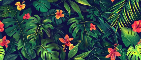 Wall Mural - botanical illustration art design showcases a vibrant tropical seamless pattern, perfect for adding a touch of tropical charm to any design or layout