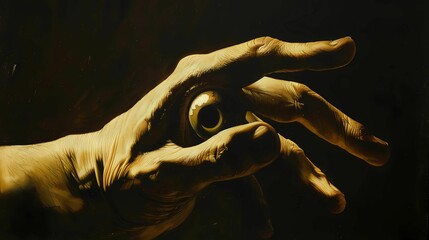 A real all seing eye in the middle of the hands palm, paintings are a fusion of light interplay, emotional intensity, exquisite detail, Generative AI illustrations. 