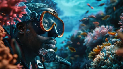 Wall Mural - The picture of the diver is diving in the sea or ocean and wearing goggles and snorkel, the diver require skills like knowledge of the diving equipment and gear, buoyancy control and training. AIG43.