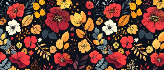 Canvas Print - retro botanical charm and modern abstract flair, this seamless wallpaper pattern showcases beautiful summer flowers and leaves in a vintage floral design
