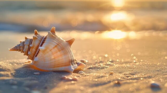 seashell on sunlit beach golden hour glow sandy textures ocean backdrop serene coastal scene macro detail