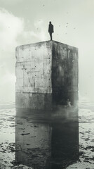 People standing on a suspended giant cement cube building