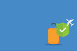 © madedee - Traveling luggage suitcase and airplane trip protect by green shield. Travel insurance. Plane flight safety symbol. Aircraft journey risk protection. Vector illustration.
