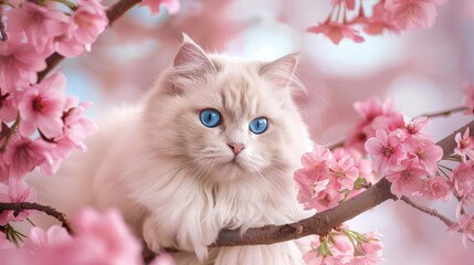 Wall Mural - serene scene of a fluffy white persian cat with striking blue eyes lounging on a cherry blossom branch soft pink petals surround the feline against a dreamy pastel sky