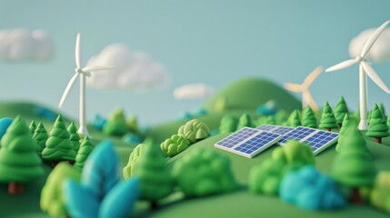 A conceptual depiction of green energy with solar panels and windmills in a lush landscape, isolated on a clean background with room for text