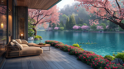 Wall Mural - The courtyard of the villa by the lake in the morning