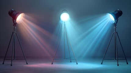 A photo displaying three professional studio spotlights on tripods emitting focused beams of light in red, white, and blue colors in an artistic setup.