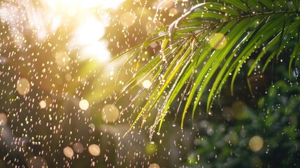 Wall Mural - A leafy green palm tree is covered in raindrops. Generate AI image