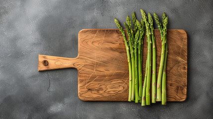 Wall Mural - copy space, stockphoto, wooden cutting board with only fresh asparagus, no other vegetables. Healthy food concept. Fresh asparagus poster, design for vegetables store, vetetables department.