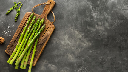 Wall Mural - copy space, stockphoto, wooden cutting board with only fresh asparagus, no other vegetables. Healthy food concept. Fresh asparagus poster, design for vegetables store, vetetables department.