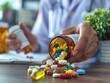 © ArthurGraphix - A close-up of a doctor pouring various pills and capsules from bottles onto a table, representing medical treatment and healthcare.