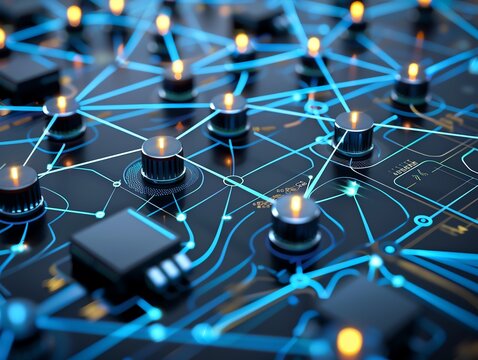 Futuristic circuit board with glowing nodes and complex connections, showcasing advanced technology and digital communication networks.