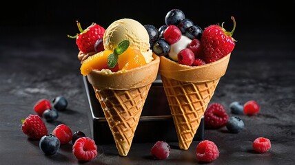 Canvas Print - Ice cream cone different flavor with fruits and berries