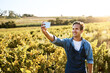 © Stratford/peopleimages.com - Man, agriculture or social media for selfie or happy, profile picture for sustainable farming. Male farmer, countryside or agro business with face photography, web app for digital blog or influencer