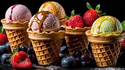 Wall Mural - Ice cream cone different flavor with fruits and berries