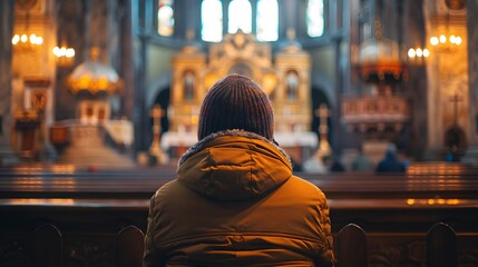 A person praying at a church altar