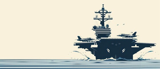 a detailed illustration of an aircraft carrier with jets taking off, isolated with room for text on 