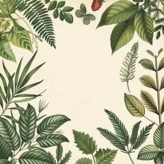 A detailed image of botany with various plant species and leaf structures, isolated on a clean backdrop with room for text