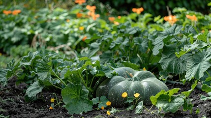 Wall Mural - Large cucurbita pepo plant with green vegetables and flowers growing in the garden