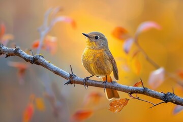 Wall Mural - A small yellow bird perched on a tree branch, ready to take flight