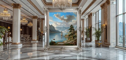 Wall Mural - Elegant Silver Canvas Frame with Luxury Art in a Luxurious Hotel Lobby with Marble Floors and Crystal Chandeliers