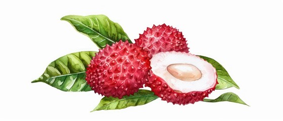 A vibrant watercolor illustration of a lychee with its rough, pinkishred skin, isolated on a white backdrop