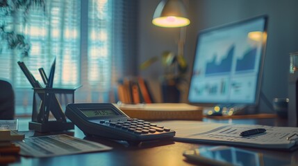 Wall Mural - Bright office desk, calculator, financial charts close-up.