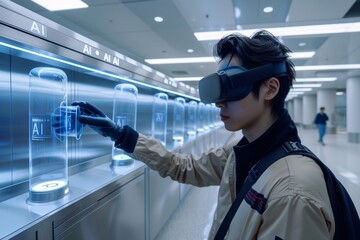Person using virtual reality headset in an AI driven futuristic store with holographic displays