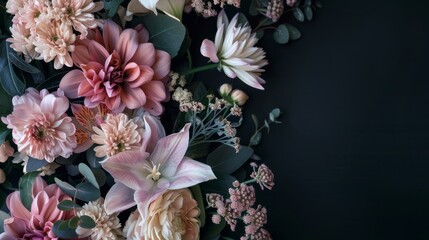 Canvas Print - Festive floral arrangement is lying on a dark background, creating a beautiful contrast. Perfect for a romantic and elegant design