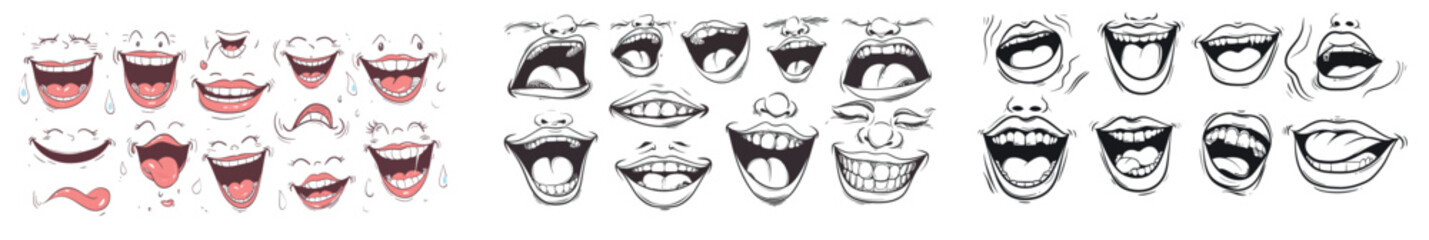 Isolated collection of contemporary hand drawn funny mouths with different expressions, including laugh, anger, and scary emotion.