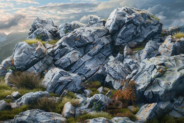 Sticker - A serene mountain landscape featuring rocks and lush green grass