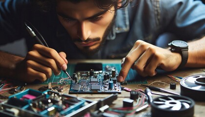 Focused Technician Repairing a Circuit Board - A young man, with a focused expression, carefully repairs a circuit board with precision tools, surrounded by various electronic components.