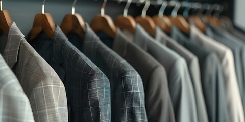 Stylish Collection of Men's Suit Jackets on Wooden Hangers. Concept Men's Fashion, Suit Jackets, Stylish Collection, Wooden Hangers