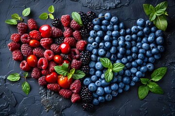 Wall Mural - Heart-Shaped Berry Arrangement with Fresh Leaves on Dark Slate Background - Healthy Eating Concept