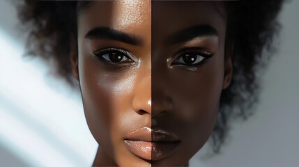 Wall Mural - Two women's faces side by side, one with a darker skin tone. Generate AI image