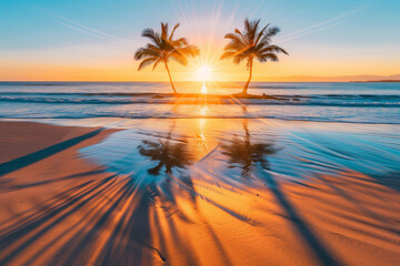 Silhouettes of palm trees against setting sun and sky on tropical island,