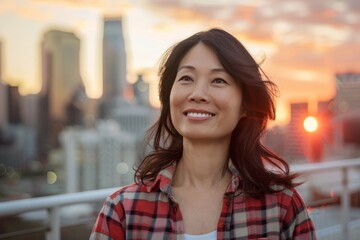 Wall Mural - Portrait of a happy asian woman in her 40s wearing a comfy flannel shirt in front of vibrant city skyline