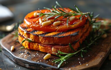 Wall Mural - Tomato, Pesto, and Pine Nut Sandwich on Rustic Wooden Board