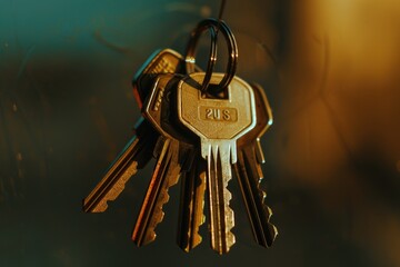 Wall Mural - A set of old-fashioned metal keys hung from a rusty hook