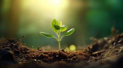 young plant with drop of water in sunlight, Growing plant grow up.