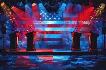 presidential debate stage with american flag backdrop